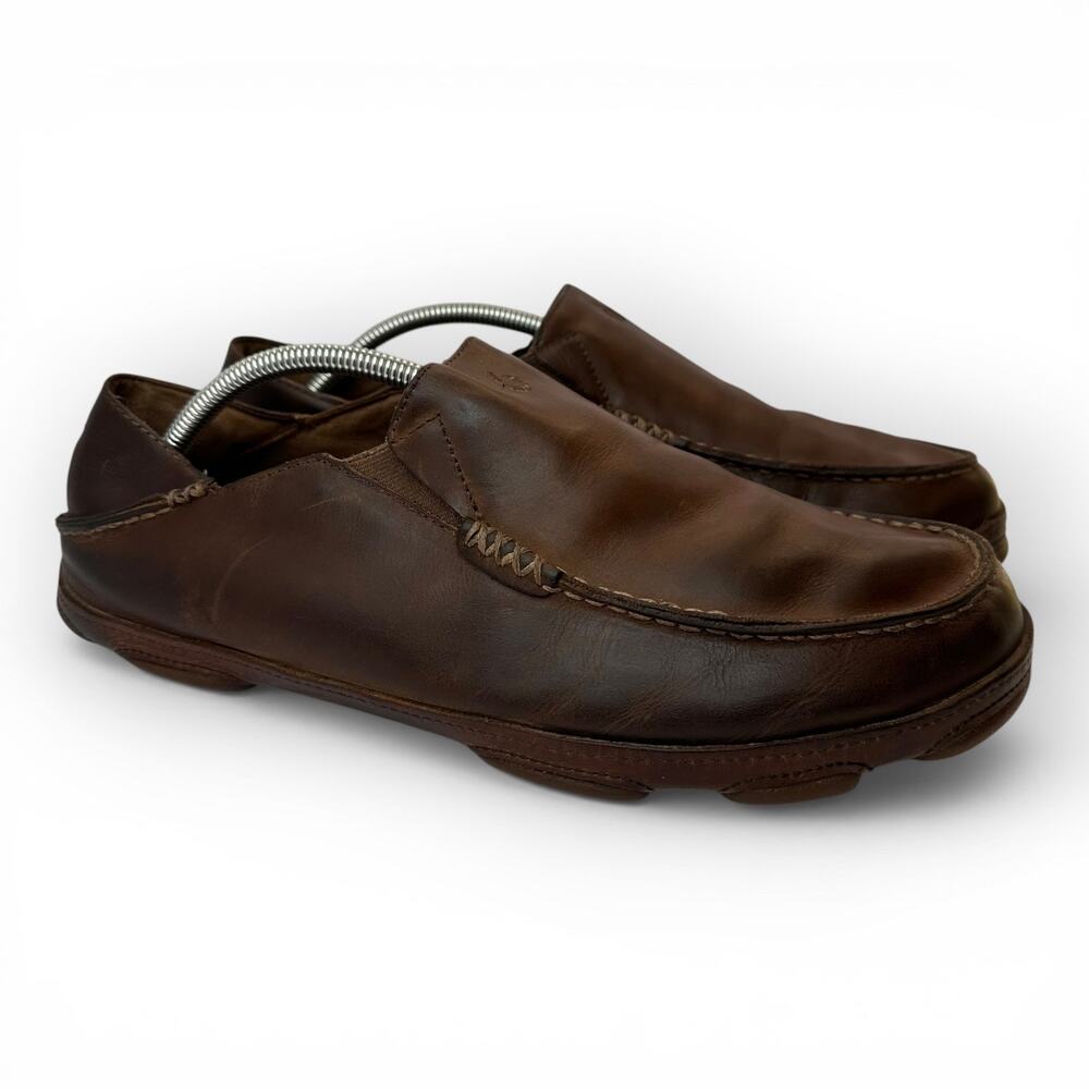 OluKai Moloa Mens size 11 EU 44 Leather Slip-on Loafers Shoes Brown